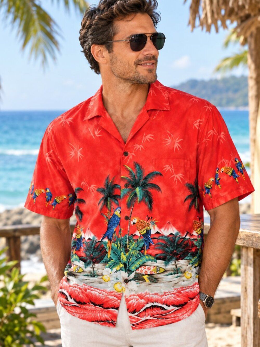 KY Aloha Hawaiian Shirt Parrots Surfboard Beach